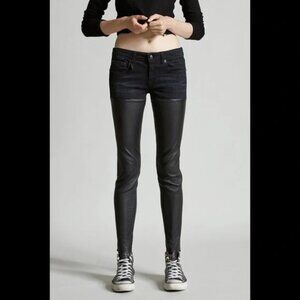 R13 Denim Leather Chaps Pants Mid Rise Skinny Black 26